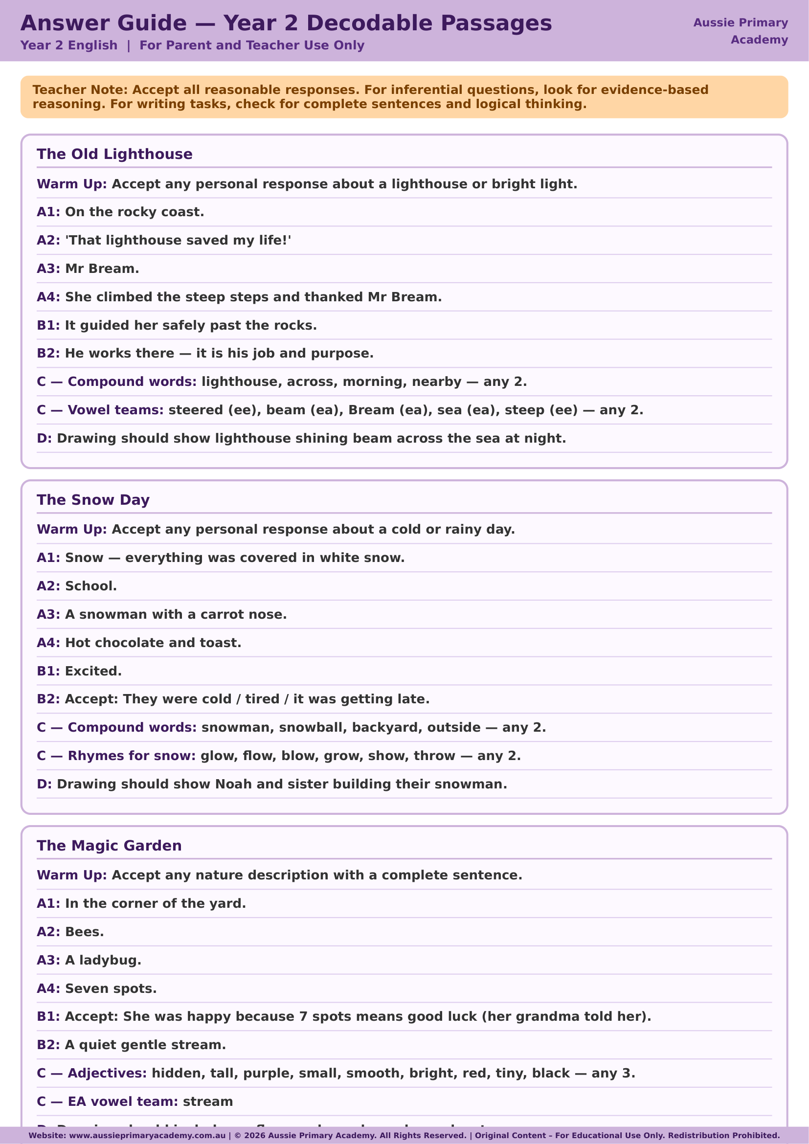 Decodable Reading Passages Colour Pack Answer Guide.Pdf → Answer Guide worksheet preview